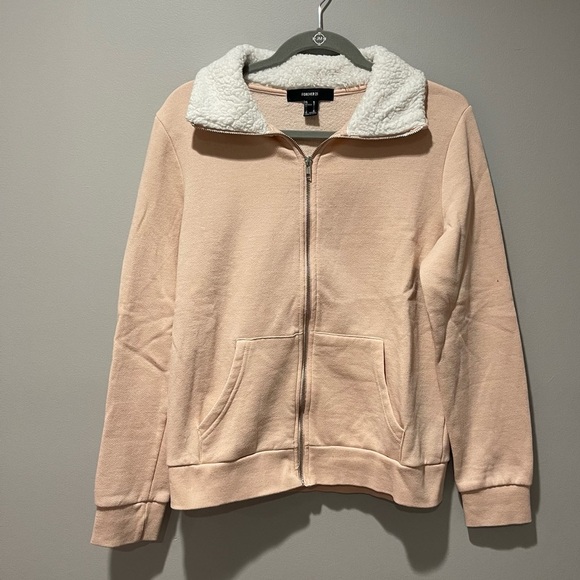Forever 21 Light Pink Fur Neck Zip Up Sweatshirt - Picture 1 of 3